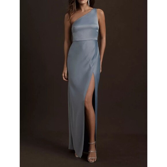 BHLDN Dress Dylan Sz 10 Blue One Shoulder Satin Maxi Formal Evening Wedding Gown - Picture 2 of 12
